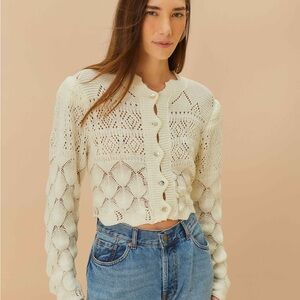 FARM Rio Cream Openwork Knit Cropped Cardigan